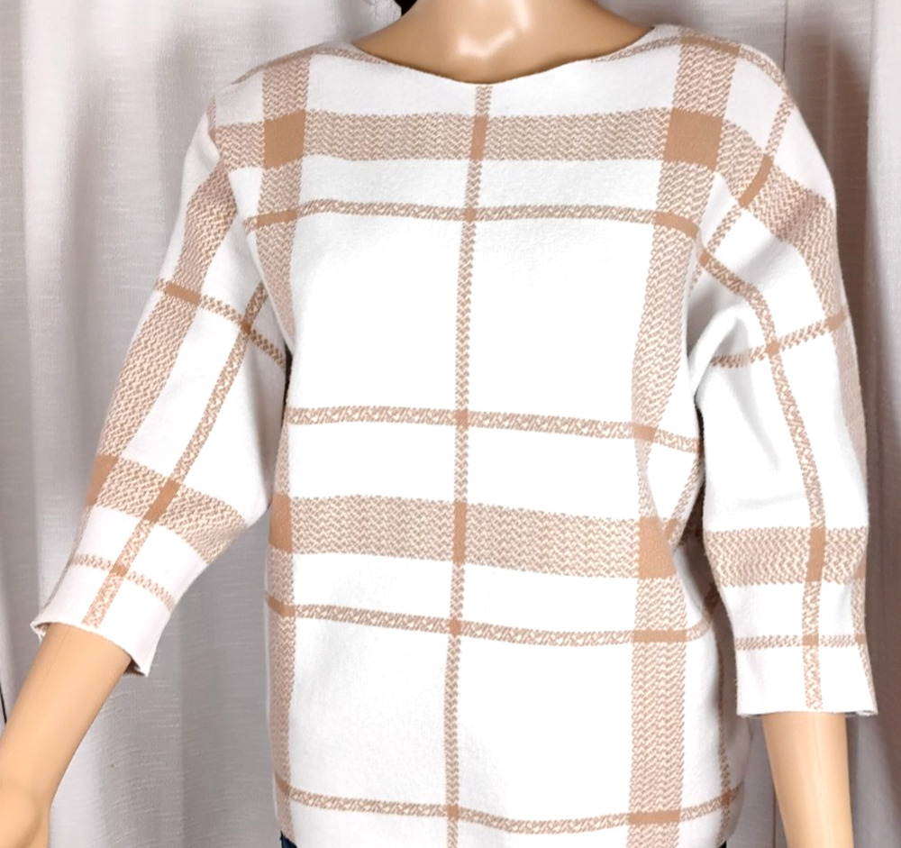 Adrienne Vittadini Plaid Sweater Women XS Cropped Boat Neck Dolman Knit Academia